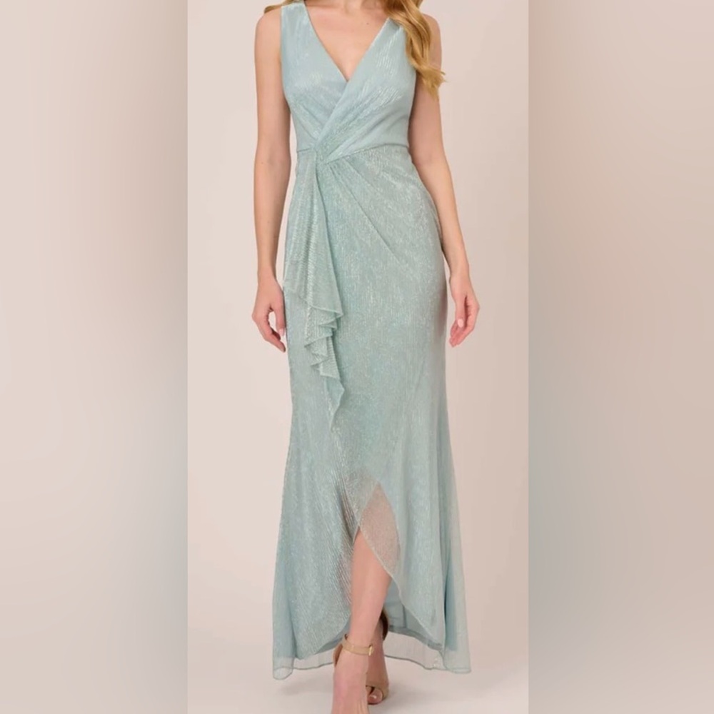 Adrianna Pappel gown, Smoke Mint. Mesh, cascade ruffle, high/low hem.